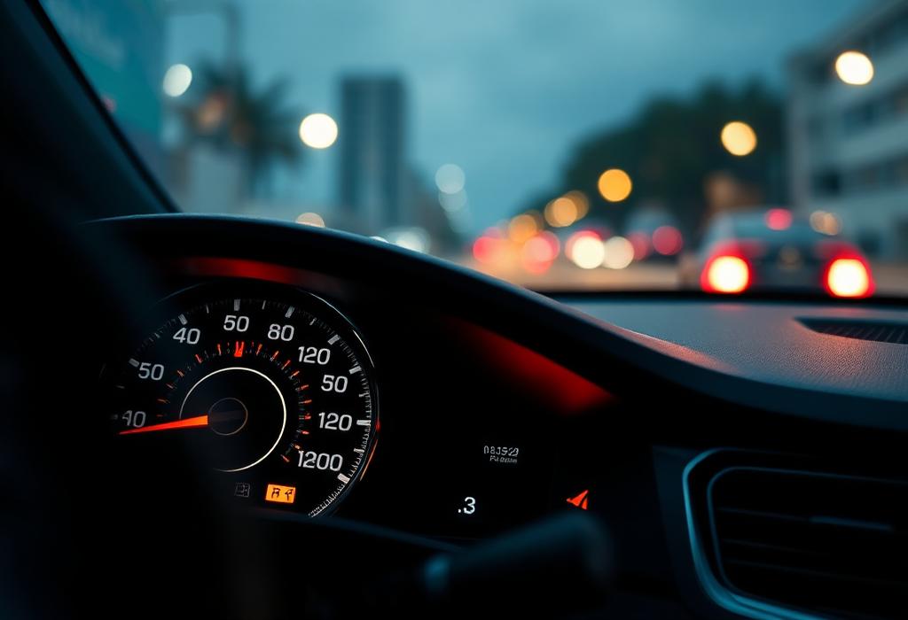 Car dashboard gauges lit at dusk during a city drive
