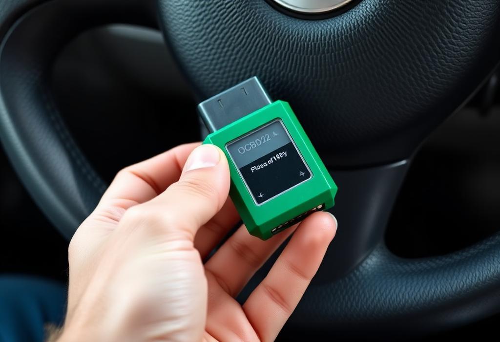Green OBD2 fuel saver chip held near a car dashboard port